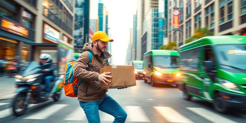 Lieferant mit Paket in belebter urbaner Umgebung.